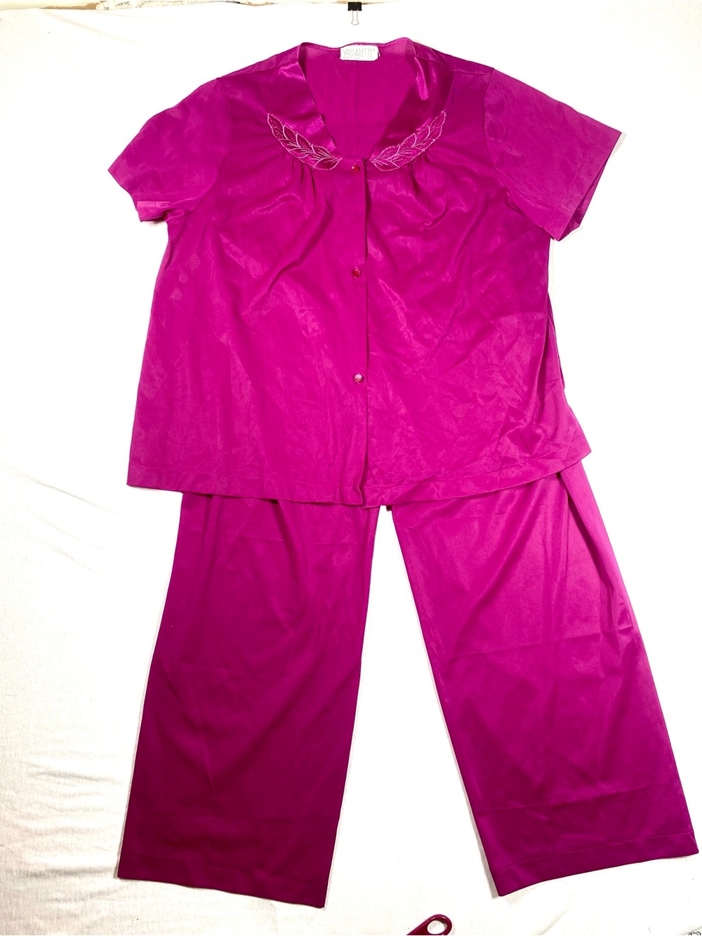 Vintage Vassarette Fuchsia Pink Nylon Pajama Set L Made in USA Embroidered